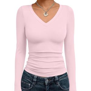 image:imageTrendy Queen Long Sleeve Shirts for Women 2026 Fall Fashion V Neck Basics Crop Tops Slim Fitted Y2K Tops Outfits ClothesPink