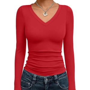 image:imageTrendy Queen Long Sleeve Shirts for Women 2026 Fall Fashion V Neck Basics Crop Tops Slim Fitted Y2K Tops Outfits ClothesRed