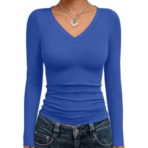 image:imageTrendy Queen Long Sleeve Shirts for Women 2026 Fall Fashion V Neck Basics Crop Tops Slim Fitted Y2K Tops Outfits ClothesRoyal Blue