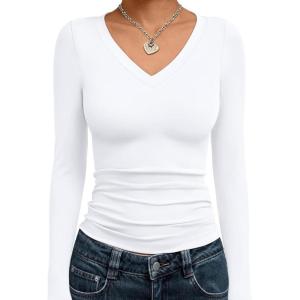 image:imageTrendy Queen Long Sleeve Shirts for Women 2026 Fall Fashion V Neck Basics Crop Tops Slim Fitted Y2K Tops Outfits ClothesWhite