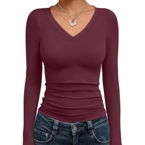 image:imageTrendy Queen Long Sleeve Shirts for Women 2026 Fall Fashion V Neck Basics Crop Tops Slim Fitted Y2K Tops Outfits ClothesWine Red