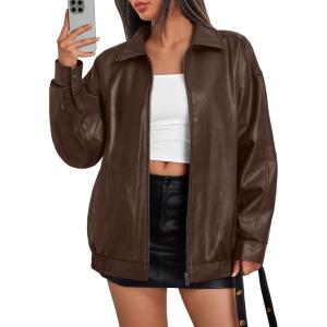 image:imageTrendy Queen Womens Leather Jacket Oversized Going Out amp Everyday Statement Piece Bomber Jacktes Moto CoatBrown