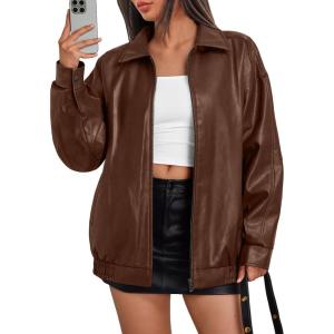image:imageTrendy Queen Womens Leather Jacket Oversized Going Out amp Everyday Statement Piece Bomber Jacktes Moto CoatCaramel