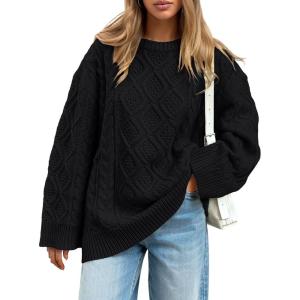 image:imageTrendy Queen Womens Oversized Cable Knit Crewneck Sweaters Cozy Winter ClothesBlack