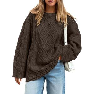 image:imageTrendy Queen Womens Oversized Cable Knit Crewneck Sweaters Cozy Winter ClothesCocoa