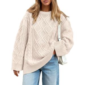 image:imageTrendy Queen Womens Oversized Cable Knit Crewneck Sweaters Cozy Winter ClothesCream