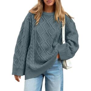 image:imageTrendy Queen Womens Oversized Cable Knit Crewneck Sweaters Cozy Winter ClothesDark Sage
