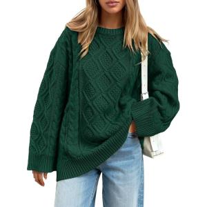 image:imageTrendy Queen Womens Oversized Cable Knit Crewneck Sweaters Cozy Winter ClothesGreen