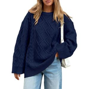 image:imageTrendy Queen Womens Oversized Cable Knit Crewneck Sweaters Cozy Winter ClothesNavy Blue