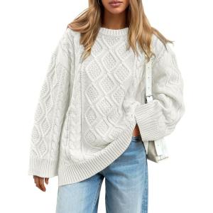 image:imageTrendy Queen Womens Oversized Cable Knit Crewneck Sweaters Cozy Winter ClothesWhite