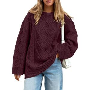 image:imageTrendy Queen Womens Oversized Cable Knit Crewneck Sweaters Cozy Winter ClothesWine