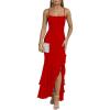 image:imageKaximil Womens Sexy Spaghetti Strap Maxi Dresses Ruched Bodycon Ruffle Mermaid Cocktail Wedding Guest Dress 2026Red