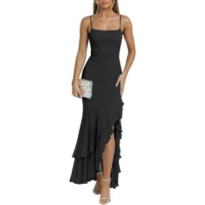 image:imageKaximil Womens Sexy Spaghetti Strap Maxi Dresses Ruched Bodycon Ruffle Mermaid Cocktail Wedding Guest Dress 2026Black