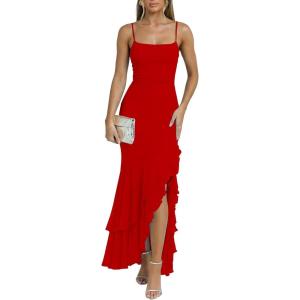 image:imageKaximil Womens Sexy Spaghetti Strap Maxi Dresses Ruched Bodycon Ruffle Mermaid Cocktail Wedding Guest Dress 2026Red