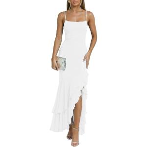 image:imageKaximil Womens Sexy Spaghetti Strap Maxi Dresses Ruched Bodycon Ruffle Mermaid Cocktail Wedding Guest Dress 2026White