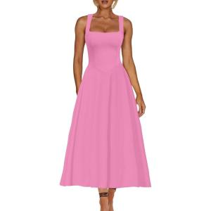 image:imageKaximil Womens Square Neck Sleeveless A Line Maxi Dress Smocked Ruffle Flowy Casual Long DressesPink