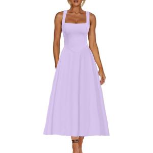 image:imageKaximil Womens Square Neck Sleeveless A Line Maxi Dress Smocked Ruffle Flowy Casual Long DressesPurple