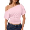 image:imageTrendy Queen Off the Shoulder Tops for Women 2026 Summer Short Sleeve Shirts Casual Cute Spring Clothes Y2k T ShirtsPink