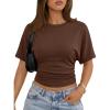 image:imageTrendy Queen Womens Crewneck Short Sleeve Cinched Waist Ruched Tops Casual Slim Fitted Basic Shirts Workout Summer ClothesChocolate