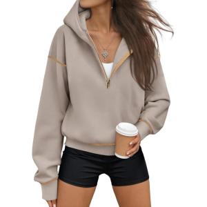 image:imageTrendy Queen Half Zip Pullover Cropped Hoodies for Women Y2k Cute Sweatshirts Jackets Spring Fashion 2026 Outfits ClothingCoffee Grey