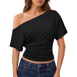 image:imageTrendy Queen Off the Shoulder Tops for Women 2026 Summer Short Sleeve Shirts Casual Cute Spring Clothes Y2k T ShirtsBlack