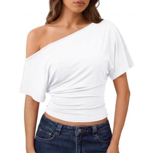 image:imageTrendy Queen Off the Shoulder Tops for Women 2026 Summer Short Sleeve Shirts Casual Cute Spring Clothes Y2k T ShirtsWhite