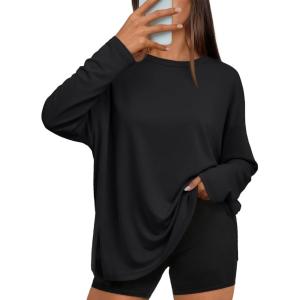 image:imageTrendy Queen Oversized Side Slit Tshirts for Women Long Sleeve Workout Tops Fall Fashion Gym Casual Tees Basic Y2K ClothesBlack