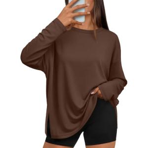 image:imageTrendy Queen Oversized Side Slit Tshirts for Women Long Sleeve Workout Tops Fall Fashion Gym Casual Tees Basic Y2K ClothesBrown