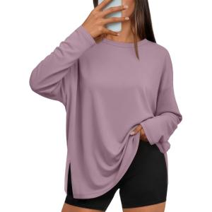 image:imageTrendy Queen Oversized Side Slit Tshirts for Women Long Sleeve Workout Tops Fall Fashion Gym Casual Tees Basic Y2K ClothesDarkpink