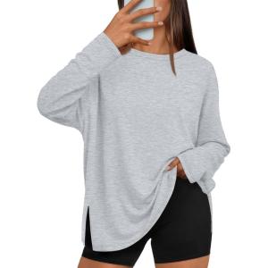 image:imageTrendy Queen Oversized Side Slit Tshirts for Women Long Sleeve Workout Tops Fall Fashion Gym Casual Tees Basic Y2K ClothesGrey