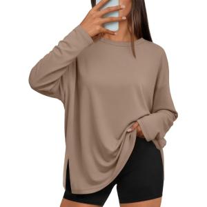 image:imageTrendy Queen Oversized Side Slit Tshirts for Women Long Sleeve Workout Tops Fall Fashion Gym Casual Tees Basic Y2K ClothesKhaki