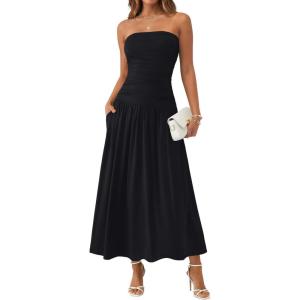 image:imageTrendy Queen Women Maxi Strapless Summer Tube Top Dress 2026 Ruched A Line Wedding Guest Long Sundress Spring Beach OutfitBlack