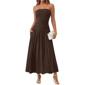 image:imageTrendy Queen Women Maxi Strapless Summer Tube Top Dress 2026 Ruched A Line Wedding Guest Long Sundress Spring Beach OutfitBrown