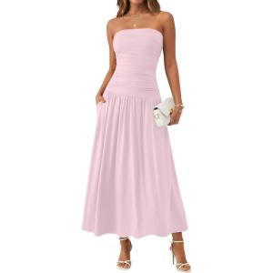 image:imageTrendy Queen Women Maxi Strapless Summer Tube Top Dress 2026 Ruched A Line Wedding Guest Long Sundress Spring Beach OutfitPink