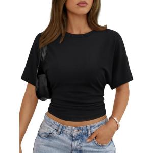 image:imageTrendy Queen Womens Crewneck Short Sleeve Cinched Waist Ruched Tops Casual Slim Fitted Basic Shirts Workout Summer ClothesBlack