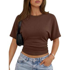 image:imageTrendy Queen Womens Crewneck Short Sleeve Cinched Waist Ruched Tops Casual Slim Fitted Basic Shirts Workout Summer ClothesChocolate