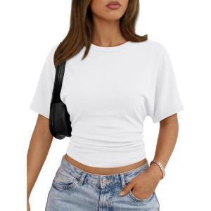 image:imageTrendy Queen Womens Crewneck Short Sleeve Cinched Waist Ruched Tops Casual Slim Fitted Basic Shirts Workout Summer ClothesWhite