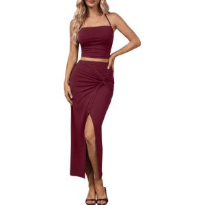 image:imageTrendy Queen Womens Ruched Halter Crop Top and Bodycon Long Skirt 2 Piece Set for Going Out Summer Vacation Outfit 2026Burgundy