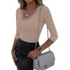 image:imageLUXVEER 34 Length Sleeve Womens Tops Lace Sexy V Neck Ribbed Knit Fitted T Shirts Dressy Casual Blouses Going Out TopsBeige
