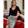 image:imageLUXVEER 34 Length Sleeve Womens Tops Lace Sexy V Neck Ribbed Knit Fitted T Shirts Dressy Casual Blouses Going Out TopsBlack