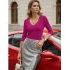 image:imageLUXVEER 34 Length Sleeve Womens Tops Lace Sexy V Neck Ribbed Knit Fitted T Shirts Dressy Casual Blouses Going Out TopsHot Pink
