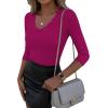 image:imageLUXVEER 34 Length Sleeve Womens Tops Lace Sexy V Neck Ribbed Knit Fitted T Shirts Dressy Casual Blouses Going Out TopsHot Pink