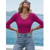 image:imageLUXVEER 34 Length Sleeve Womens Tops Lace Sexy V Neck Ribbed Knit Fitted T Shirts Dressy Casual Blouses Going Out TopsHot Pink