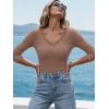 image:imageLUXVEER 34 Length Sleeve Womens Tops Lace Sexy V Neck Ribbed Knit Fitted T Shirts Dressy Casual Blouses Going Out TopsLight Brown