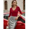image:imageLUXVEER 34 Length Sleeve Womens Tops Lace Sexy V Neck Ribbed Knit Fitted T Shirts Dressy Casual Blouses Going Out TopsRed