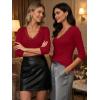 image:imageLUXVEER 34 Length Sleeve Womens Tops Lace Sexy V Neck Ribbed Knit Fitted T Shirts Dressy Casual Blouses Going Out TopsRed
