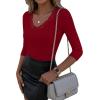 image:imageLUXVEER 34 Length Sleeve Womens Tops Lace Sexy V Neck Ribbed Knit Fitted T Shirts Dressy Casual Blouses Going Out TopsRed