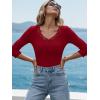 image:imageLUXVEER 34 Length Sleeve Womens Tops Lace Sexy V Neck Ribbed Knit Fitted T Shirts Dressy Casual Blouses Going Out TopsRed