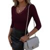 image:imageLUXVEER 34 Length Sleeve Womens Tops Lace Sexy V Neck Ribbed Knit Fitted T Shirts Dressy Casual Blouses Going Out TopsWine Red