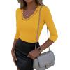 image:imageLUXVEER 34 Length Sleeve Womens Tops Lace Sexy V Neck Ribbed Knit Fitted T Shirts Dressy Casual Blouses Going Out TopsYellow